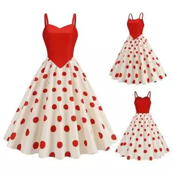 Yousheng Женское вечернее платье Винтаж контрастного цвета в горошек с принтом трапециевидной формы с большими качелями Тонкое платье без рукавов с открытой спиной и V-образным вырезом Плиссированное платье миди в стиле принцессы M красный
