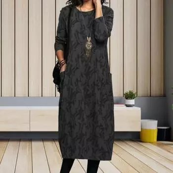 Yousheng Женское весенне-осеннее платье с круглым вырезом, длинными рукавами и боковыми карманами, свободное платье-миди длиной до середины икры с цветочным принтом для повседневной носки и поездок на работу 3XL зелёный