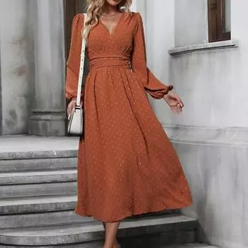 Yousheng Женское весенне-осеннее платье с V-образным вырезом, тонкой талией, длинными рукавами-фонариками, А-силуэтом, плиссированными, длиной до середины икры, струящееся платье для выпускного вечера, вечеринки, свидания, миди-платье S темно-синий