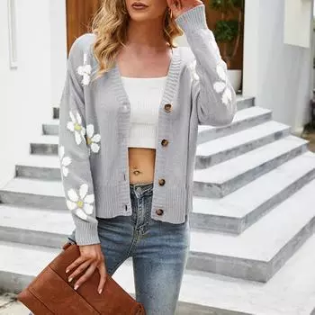 Yousheng Женское вязаное пальто с цветочным узором, свитер, кардиган, V-образный вырез, длинный рукав, планка с пуговицами, трикотажная куртка L серый