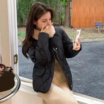 Yousheng Женское зимнее хлопковое пальто с плюшевым отложным воротником, ветрозащитная куртка с длинными рукавами, утолщенное однобортное пальто с подкладкой M кофейный