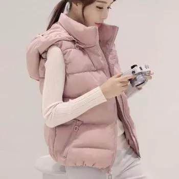 Yousheng Женское зимнее хлопковое пальто с капюшоном, защитой шеи, утолщенным подкладом, съемным капюшоном, коротким ветрозащитным жилетом на молнии с карманом на молнии M розовый
