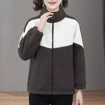 Yousheng Женское зимнее осеннее пальто с цветными блоками, толстое плюшевое, мягкое, теплое, воротник-стойка, защита шеи, длинный рукав, застежка-молния, кардиган, куртка для мам M красный