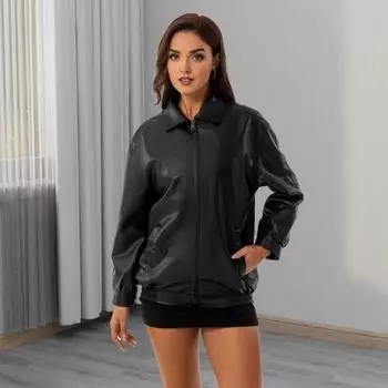 Yousheng Женское зимнее пальто из искусственной кожи с длинными рукавами, на молнии, с лацканами, однотонное, с карманами, уличная одежда для мотоциклистов S кофейный