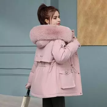 Yousheng Женское зимнее пальто из толстого плюша с мехом и капюшоном, с длинными рукавами, карманами, затягивающимся шнурком на талии, на молнии, ветрозащитное пальто средней длины, верхняя одежда для отдыха на природе M хаки