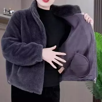 Yousheng Женское зимнее пальто из толстого искусственного меха с отложным воротником, короткий кардиган на молнии с длинными рукавами, утепленная верхняя одежда, школьная куртка для улицы L кофейный