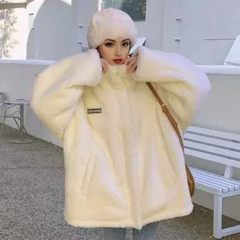 Yousheng Женское зимнее пальто Толстый флисовый воротник-стойка Защита шеи Кардиган на молнии Длинные рукава Утепленная верхняя одежда Школьная уличная куртка S белый