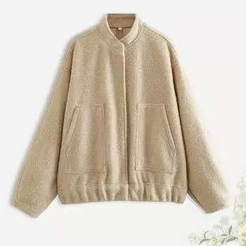 Yousheng зимнее женское пальто кардиган с длинными рукавами однотонный цвет воротник стойка карманы свободная средняя длина теплая куртка для шопинга и поездок на работу S