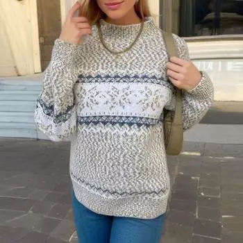 Yousheng Зимний женский рождественский свитер с полувысоким воротником, цветной узор в виде снежинки, длинный рукав, трикотаж, толстый теплый новогодний свитер S серый