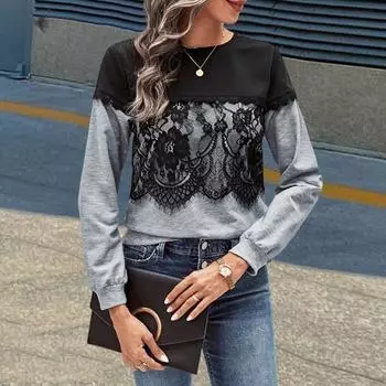 Yousheng Зимняя Осенняя Женская Толстовка Кружевной Декор Цветочная Вышивка О-Образный Вырез Длинные Рукава Цветные Блоки Лоскутная Свободный Пуловер Повседневный Топ Для Езды На Работу S серый