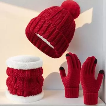 Yousheng зимняя шапка шарф перчатки комплект флисовая подкладка шапка теплая шейная повязка толстые вязаные перчатки для сенсорного экрана для мужчин и женщин велоспорт походы путешествия чёрный