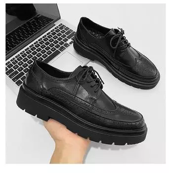 Youth Leather Shoes Men s Brock Carved British Style Business Cowhide Casual Best Man Small Leather Shoes ins Platform Trend Shoes 37 чёрный