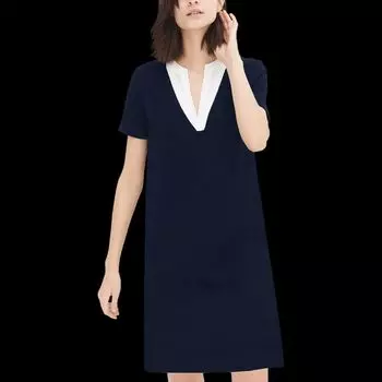 Youthful-Looking Loose Slim Looking Belly Covering Full-Figured Girls Dress Navy blue S