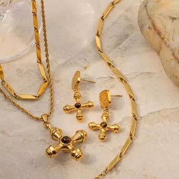 Youthway модные висячие серьги из нержавеющей стали с натуральным камнем в виде креста 2023, антиаллергенные серьги золотого цвета, повседневные женские украшения