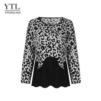 YTL женская леопардовая лоскутная футболка с круглым вырезом, блузка больших размеров, весенние топы с длинными рукавами, повседневная футболка