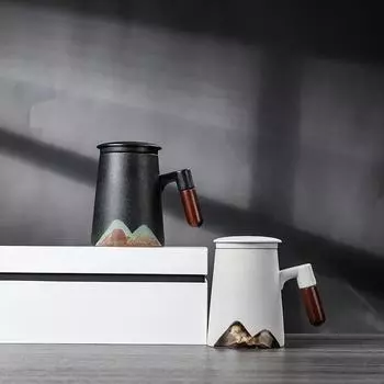 Yuanshan tea water separation mug with lid filter large-capacity office cup creative Zen ceramic tea cup 401-500ml