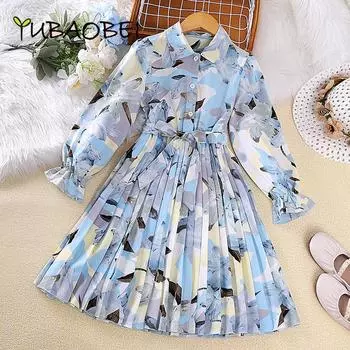 YUBAOBEI 2024 Детская одежда Весна Девочки Длинные рукава Цветочная юбка Принтованная принцесса Синяя рубашка Плиссированное платье 9Y синий
