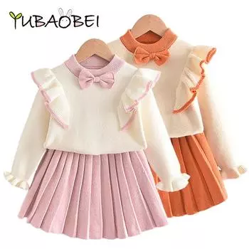 YUBAOBEI комплект зимней одежды для девочек, свитер, рубашка, юбка с длинными рукавами, комплект из 2 предметов, рождественская одежда, костюм с бантом, детская одежда для детей, одежда для девочек 2T розовый
