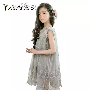 YUBAOBEI кружевное платье без рукавов для девочек, серая одежда принцессы, тюлевые платья с вышивкой и бантом для больших девочек, подростковые платья 4t серый