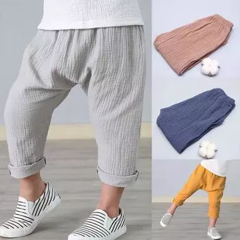 YUBAOBEI/летние штаны для мальчиков, однотонные льняные плиссированные шаровары с эластичной резинкой на талии для маленьких девочек, брюки с девятью точками, детская одежда, детская одежда для детей от 0 до 7 лет 18M чёрный