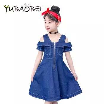YUBAOBEI Девочки Летние Синие Джинсовые Платья Детское Платье Принцессы Детское Милое Платье С Короткими Рукавами 6t синий