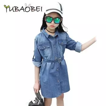 YUBAOBEI модное джинсовое платье-рубашка для девочек, весеннее детское джинсовое платье для девочек-подростков, джинсовая одежда, повседневное детское платье для девочек 130 синий