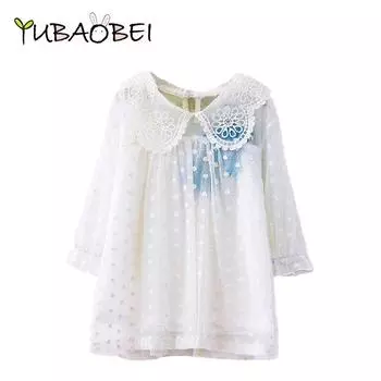 YUBAOBEI, новая летняя корейская детская одежда, детская футболка с кружевными рукавами, тонкая хлопковая блузка хорошего качества для девочек в горошек, белая рубашка 3T белый
