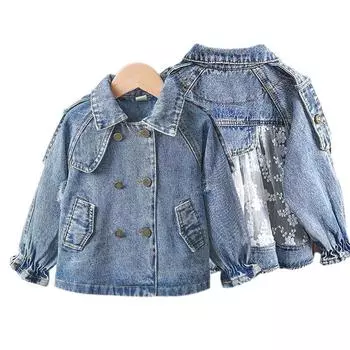 YUBAOBEI Новые детские джинсовые куртки Тренч для девочек Джинсовые куртки с вышивкой Детская одежда для девочек Детское кружевное пальто Повседневная верхняя одежда Ветровка 2T синий