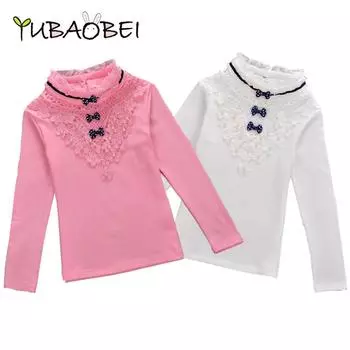 YUBAOBEI Одежда для маленьких девочек, детская водолазка, блузка с бантом, кружевные хлопковые толстовки с длинными рукавами, детская одежда 3t белый