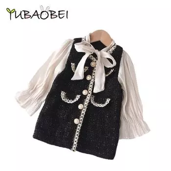 YUBAOBEI/Осенняя одежда для маленьких девочек, детское лоскутное платье принцессы, праздничные костюмы с длинными рукавами, детский повседневный наряд с галстуком-бабочкой 2T чёрный