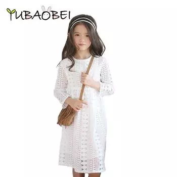 YUBAOBEI платье с длинными рукавами для девочек, детское кружевное ажурное платье принцессы для свадебной вечеринки, белое/темно-синее платье 4T белый