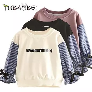 YUBAOBEI топы с длинными рукавами для маленьких девочек, блузка с круглым вырезом, модная полосатая лоскутная рубашка для девочек, весенний классический детский пуловер с принтом букв 2T белый