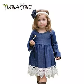 YUBAOBEI/весенне-осеннее платье принцессы для девочек, детская одежда, синее джинсовое кружевное вечернее платье, детские вечерние платья с длинными рукавами, костюм для маленьких девочек 80 синий