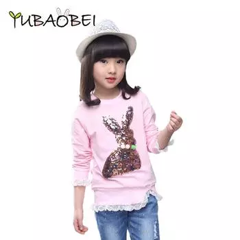 YUBAOBEI/весенне-осенние школьные блузки для девочек, детская кружевная футболка, детские модные хлопковые рубашки с круглым вырезом и блестками с мультяшным кроликом 4T серый