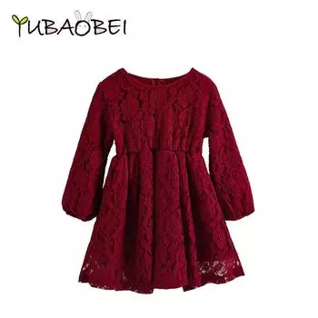 YUBAOBEI винно-красное платье для маленьких девочек с большим бантом, детское корейское милое платье принцессы, детское кружевное платье с длинными рукавами для свадебной вечеринки 3T красный