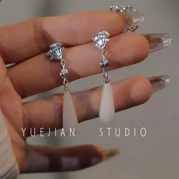 Yuejian Landscape Picture Scroll ~ New Chinese Imitation White Chalcedony Eardrops Long Ear Studs White Water Drops Mosquito Coil Ear Clip A pair of ear needles