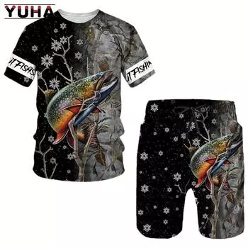 YUHA Fishing Custom 3D Printed Mens Unisex Cool Summer T Shirts Short Sleeve Casual T Shirts Hot Two Suit S