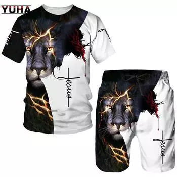 YUHA,Summer 3D Lion Cross Printed Men s T-shirt/Shorts/Suit Short Sleeve Jesus Love Everone Christian Street Wear 2 Pcs S