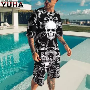 YUHA,Summer Men s Clothing T Shirt Sets 3D Terrible skeleton Print Casual Shorts Tracksuit Male 2 Piece Suit Newest Short Sleev S