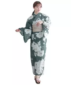 Yukata change set Heiko E Classic green one size fits [KYOETSU] set, weave, unbleached, 2-piece (yukata, obi), women s (4. peony, most)