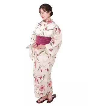 Yukata change set Heiko E Scarlet Lily Butterfly One Size Fits [KYOETSU] set, weave, unbleached, 2-piece (yukata, obi), Women s (10. Play, Most)