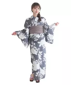 Yukata change set heiko waist F Camellia play in ink one size fits [KYOETSU] set, weave, unbleached, 6-piece (yukata, obi, underwear, geta, strap),
