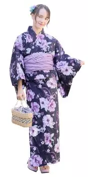 Yukata for Children set of Yukata Waist Strap Watercolor Camellia Navy 150cm [Arisana] Children, Girls, (4-piece + + Obi)