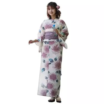 Yukata Ladies Luxury cotton linen yukata set hydrangeas and blue leaves on ecru Japanese Nadeshiko Set, 3-piece Fuji-colored material
