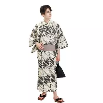 Yukata Obi 2 Piece Set Gentleman S Size Blue Cream Cross Kasuri Checkered in [Fuuka] Men s (Obi/Made Japan/B250 Beige) синий