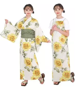 Yukata One Change 3 Piece Set Heiko Junior Girls Foam [KYOETSU] Set, Yukata, Piece, Girls, Ecru, Weave, (Yukata, Obi, Geta), (8. Sunflower, 130cm)