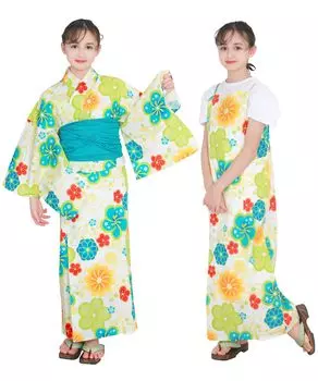 Yukata One Change 3 Piece Set Heiko Junior Girls [KYOETSU] Set, Yukata, Piece, Girls, Unbleached, Weave, (Yukata, Obi, Geta), (6.Kyoume Play, 130cm)