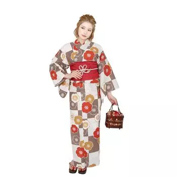 Yukata Set of Free Ichimatsu Camellia x Heiko Obi in [Fuuka] Women s 2, Adults, Size, (Brown, White, Yellow) (Made Japan/Red)