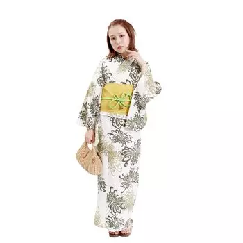 Yukata Set of Large Flower White [Fuuka] Women s 2, Women, Women, Adults, 4L, Loose, Size, Checkered, Green, (Heiko Obi/Yambuki) X3704B4L-B152