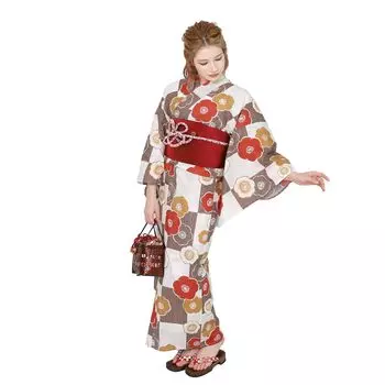 Yukata Set of One Size Fits Ichimatsu Camellia x Obi [Fuuka] Women s 2, Adults, Most, (Brown, White, Yellow) (Red Brown)